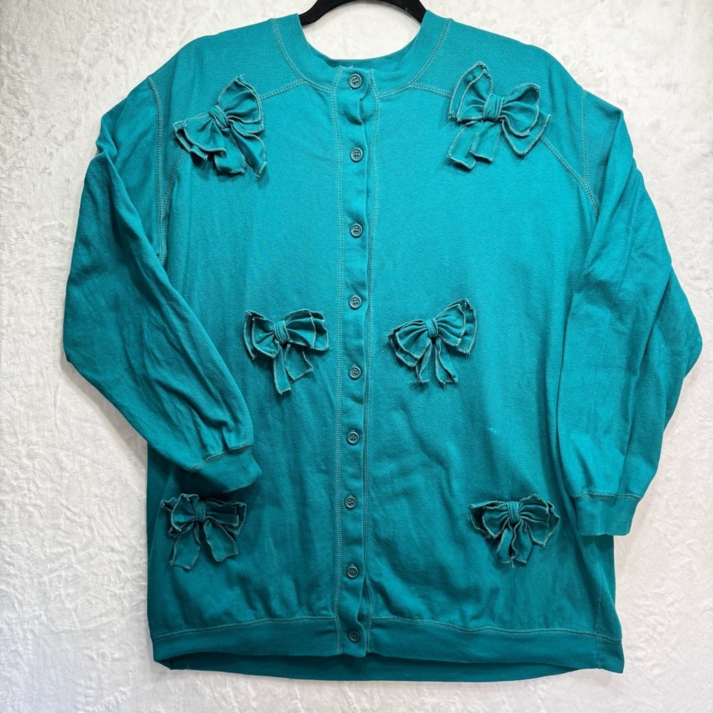 A Pea In The Pod Maternity Vintage Cardigan Top Turquoise 3-D Bows 100% Cotton